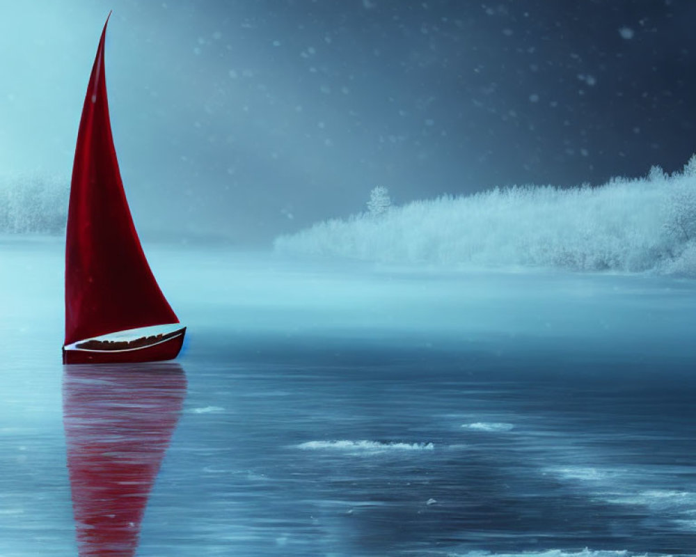 Red sail sailboat on icy blue lake in snowy winter forest scene