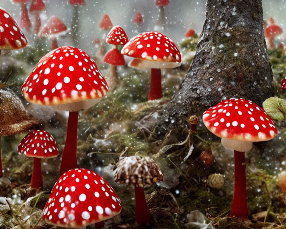 Cluster of red and white spotted mushrooms in snowy forest scene