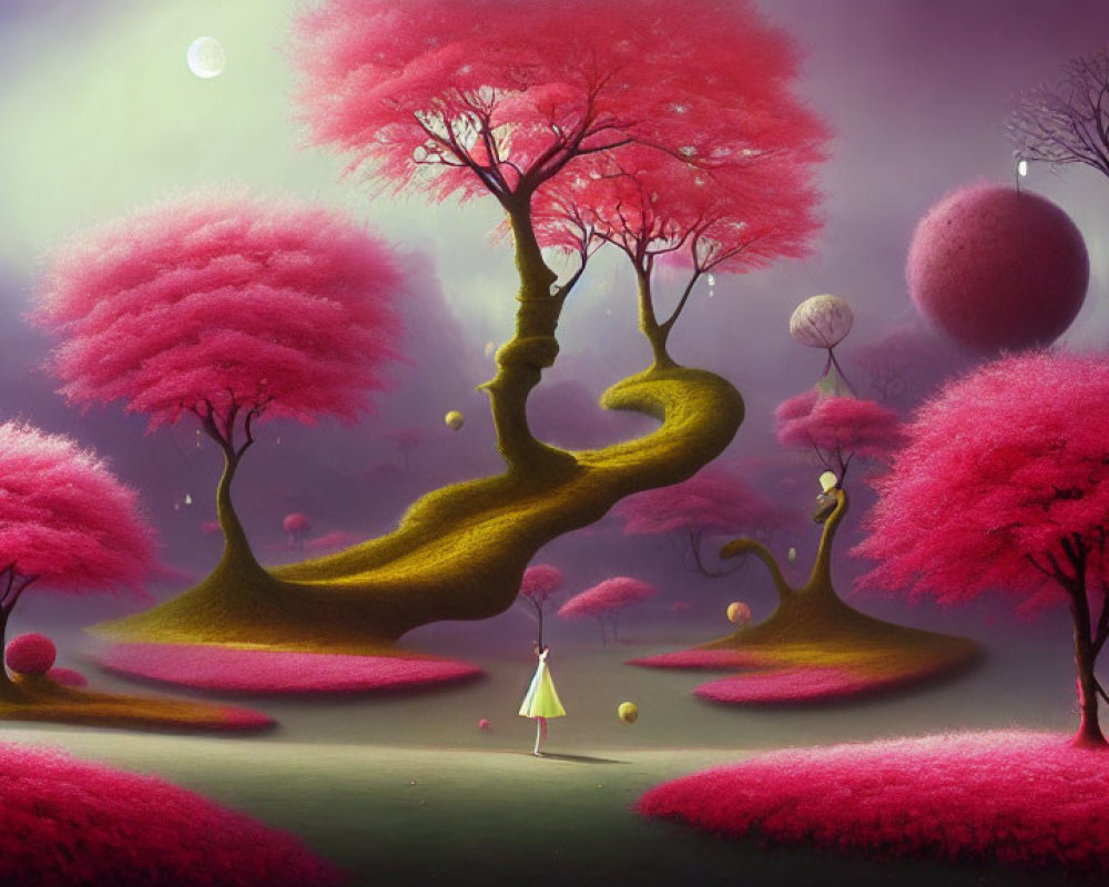Whimsical landscape with pink foliage trees and ethereal beings under a glowing moon