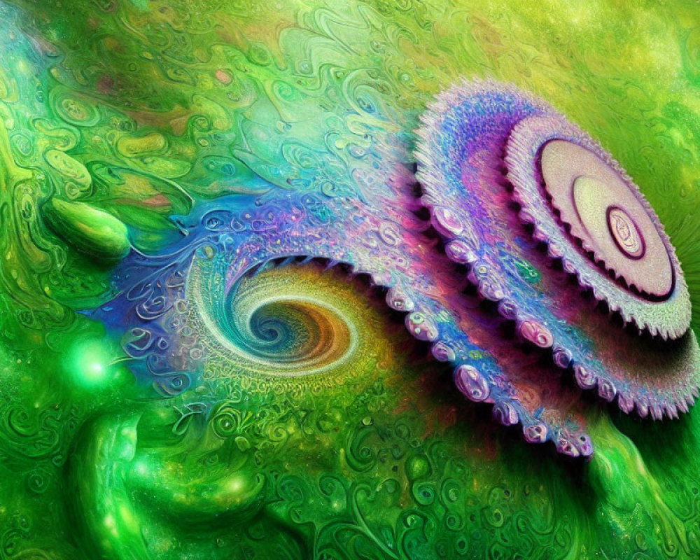 Colorful abstract artwork with green and purple swirling patterns and textured shapes.