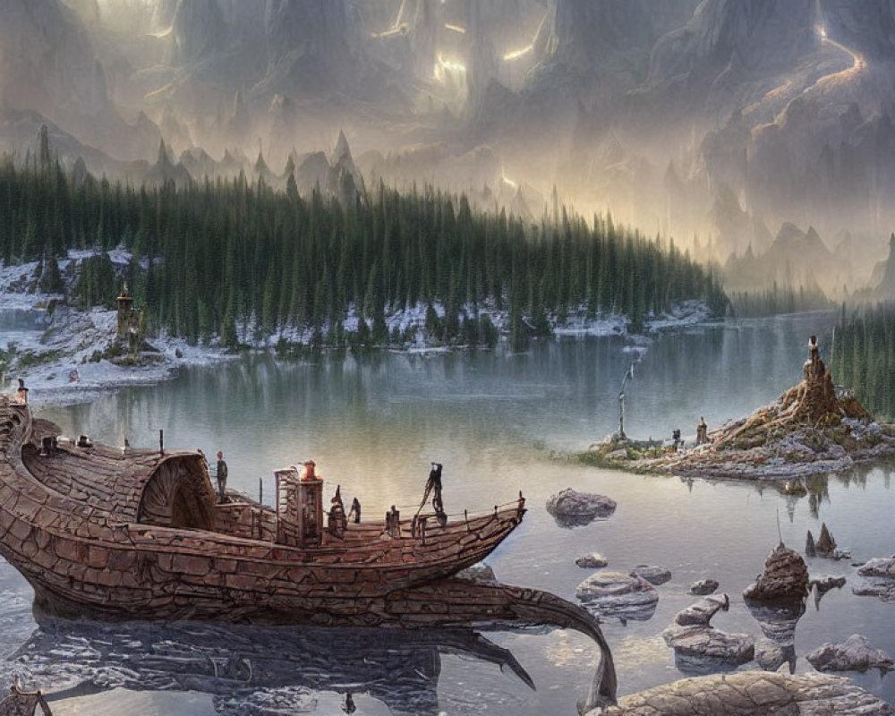 Wooden ship by mystical lake in foggy mountains with exploring figures