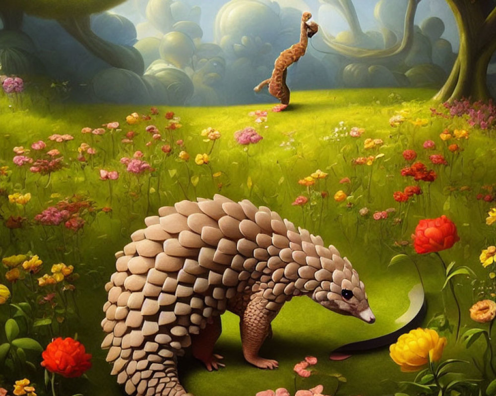 Pangolin in Vibrant, Whimsical Forest with Oversized Flowers