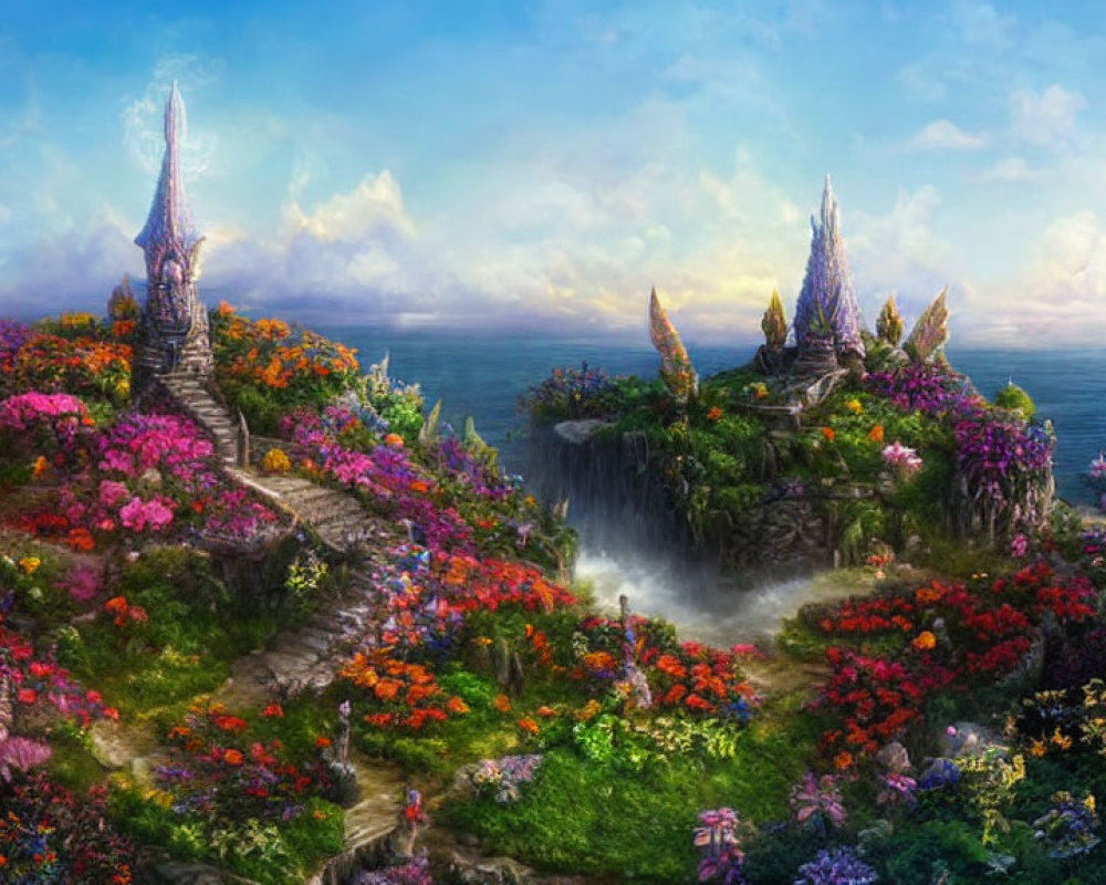 Colorful Fantasy Landscape with Flowers, Waterfalls, and Whimsical Towers