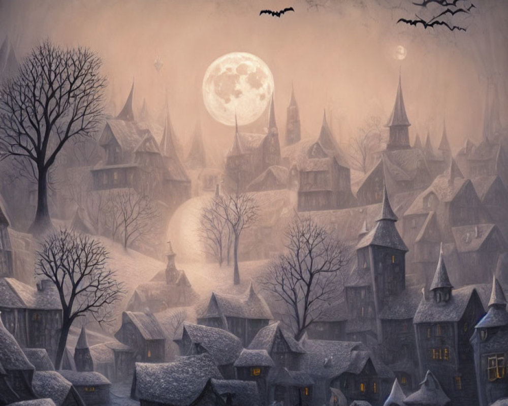 Foggy town under full moon with bats and illuminated windows
