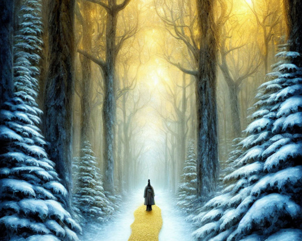 Person walking on golden path in mystical snowy forest with towering trees