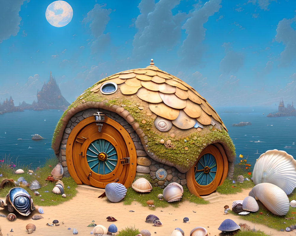 Whimsical shell-shaped house in fantasy seaside scene