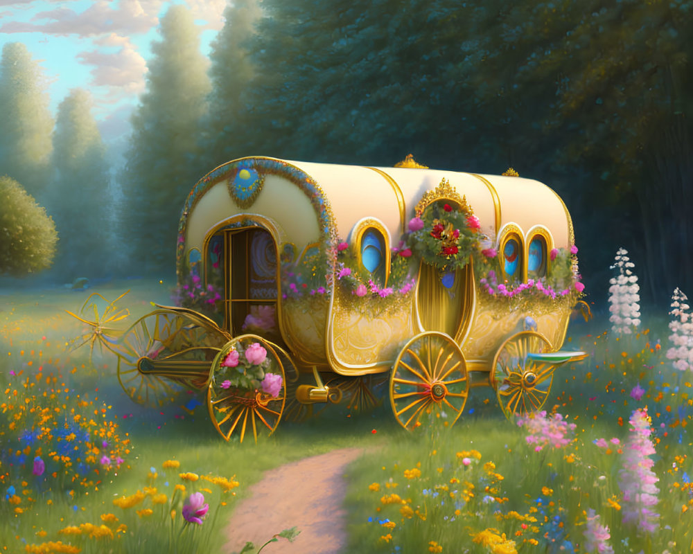 Yellow Caravan in Blooming Forest Glade