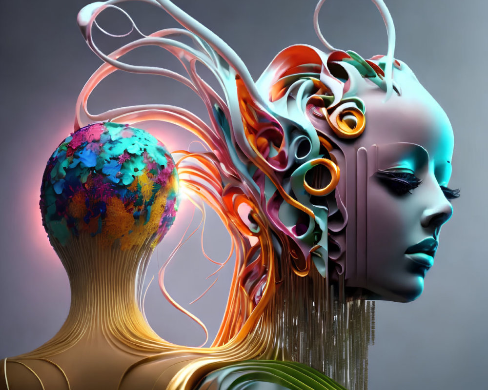 Futuristic humanoid forms with vibrant structures and globe-like texture