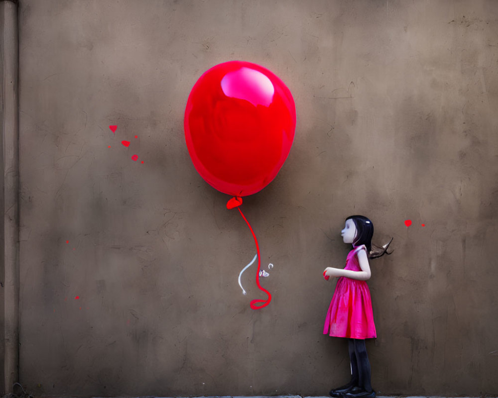 Young girl in pink skirt admiring large red balloon on beige wall with red splatters
