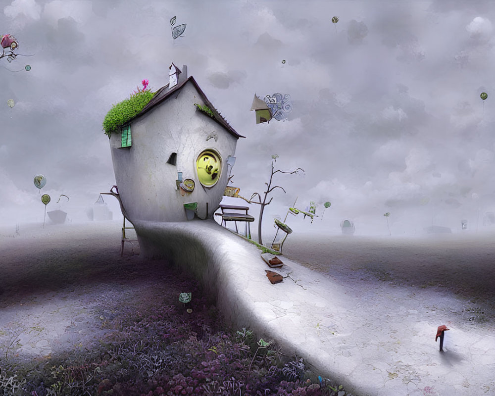 Surreal landscape with tilted house, moon-shaped window, floating objects, and solitary figure.