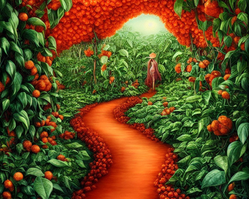 Colorful artwork of person walking on red path through orange grove with bright orange sun.