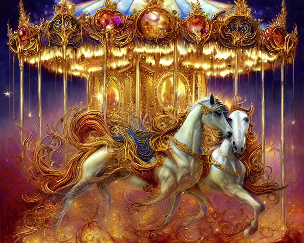 Golden carousel with ornate details and white horses under starry night sky