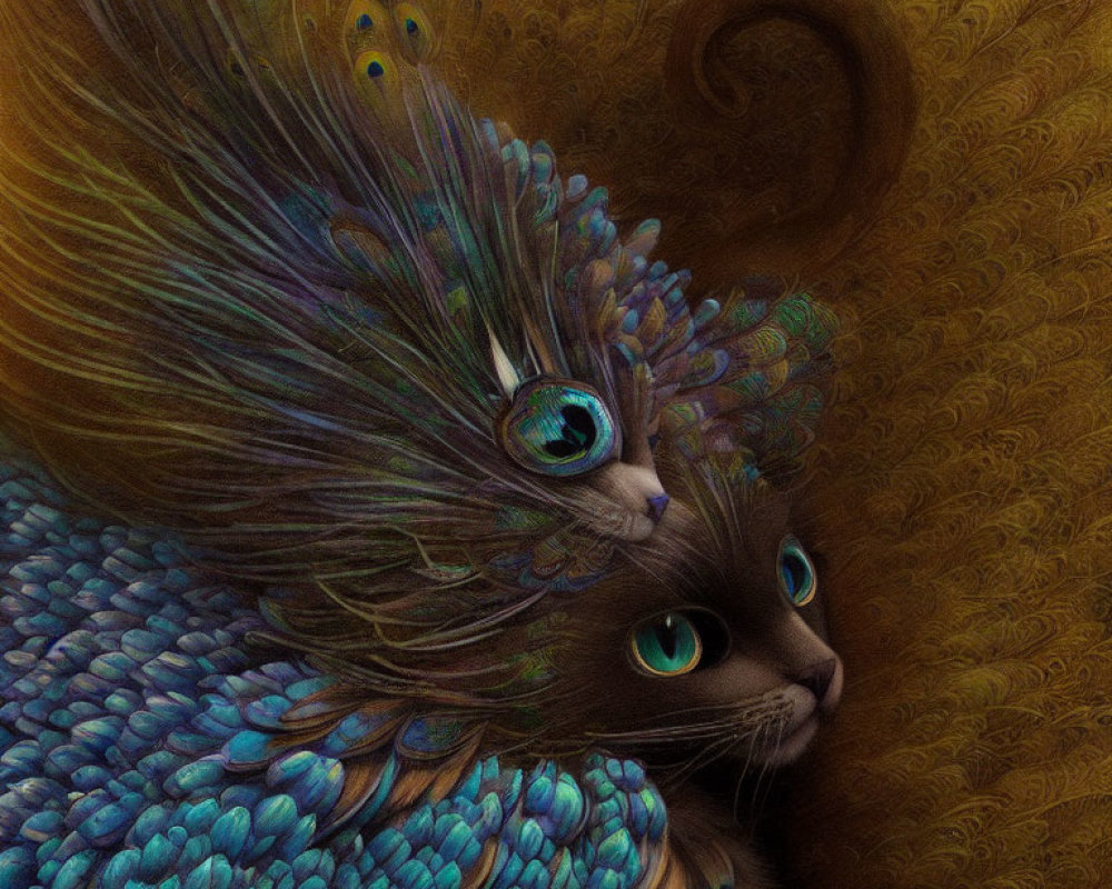 Fantasy illustration of cat with peacock feather fur in vibrant blue and gold hues