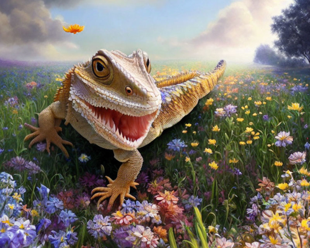 Colorful bearded dragon lizard in vibrant, surreal meadow