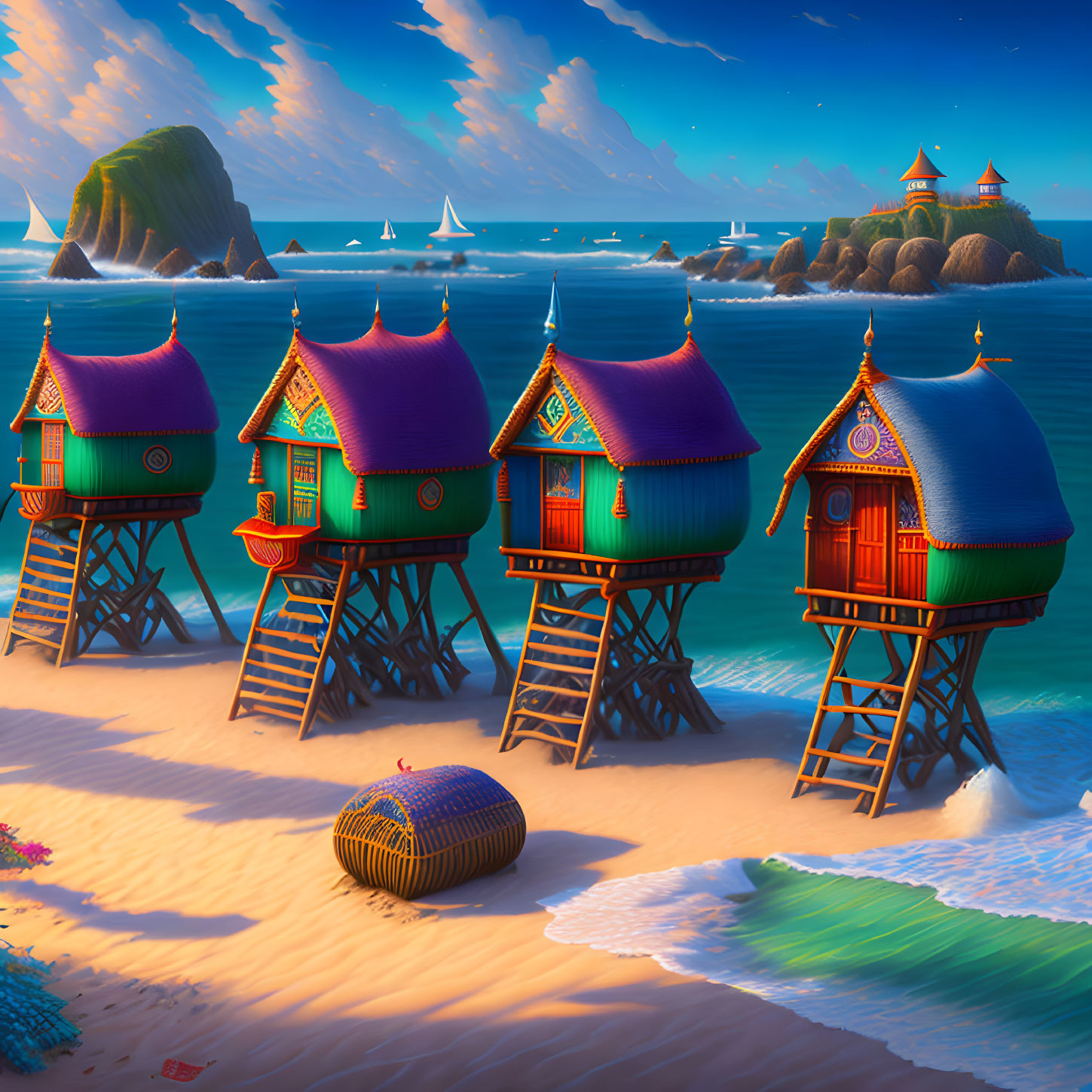 Vibrant stilt houses on beach with sailboats and golden sunset sky