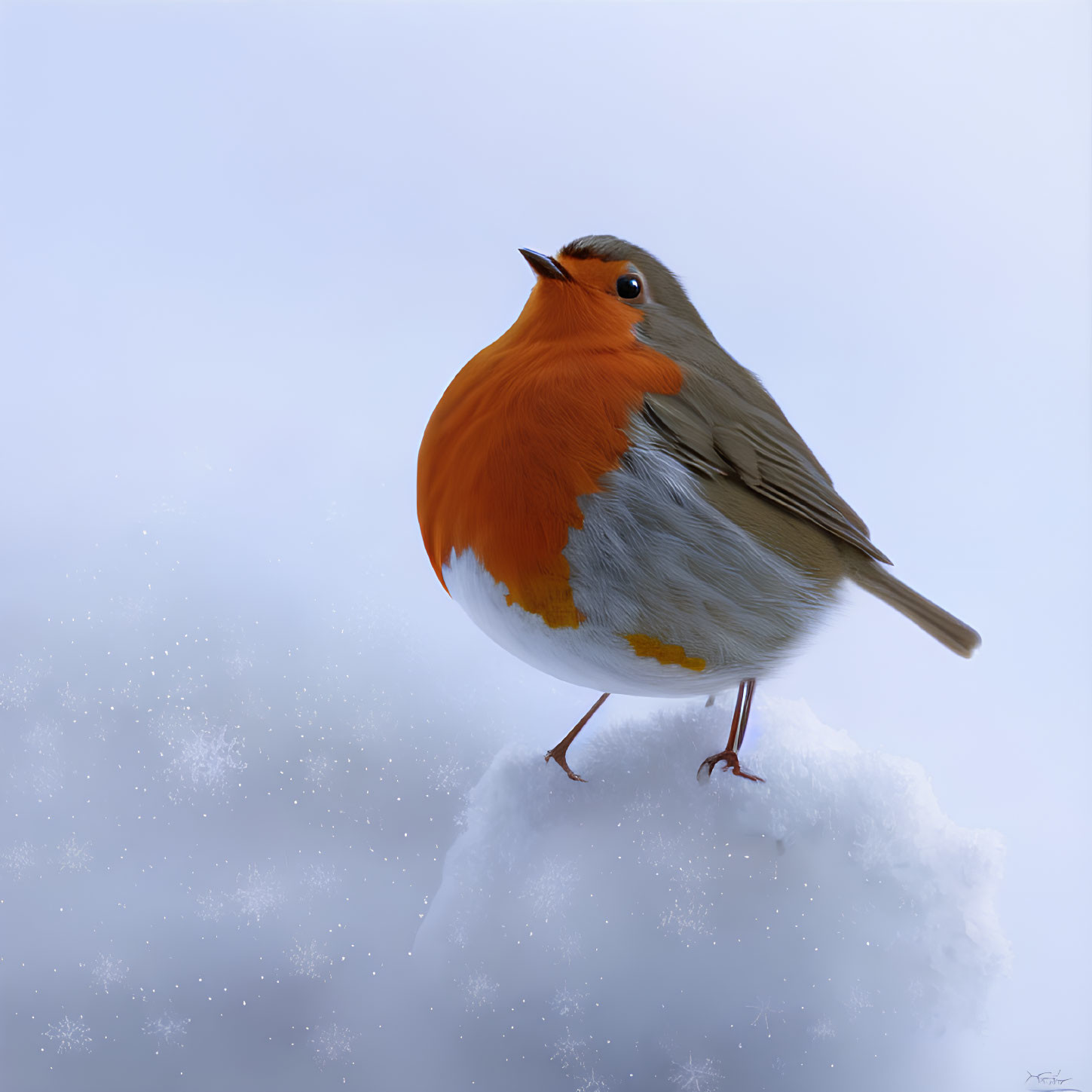 Plump robin with bright orange breast on snowy background