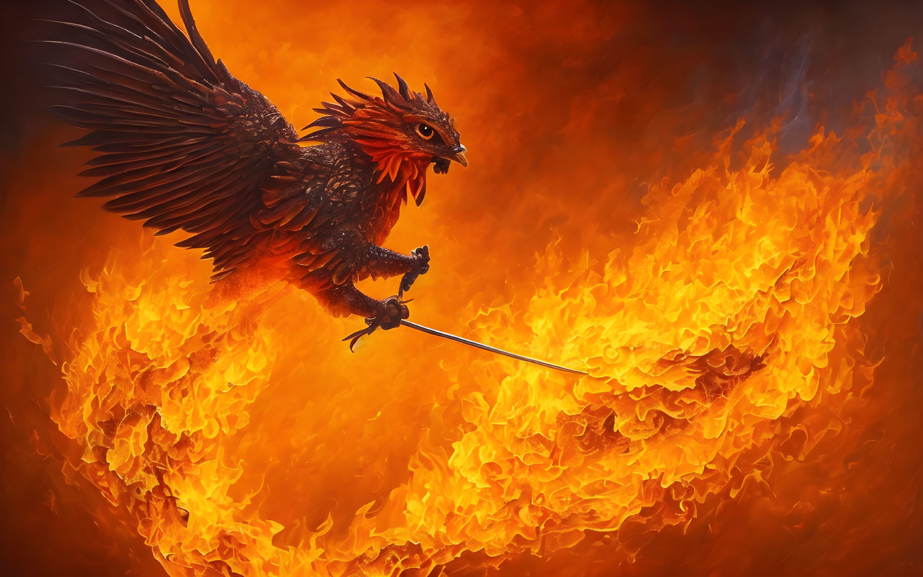 Fiery phoenix with sword in blazing flames