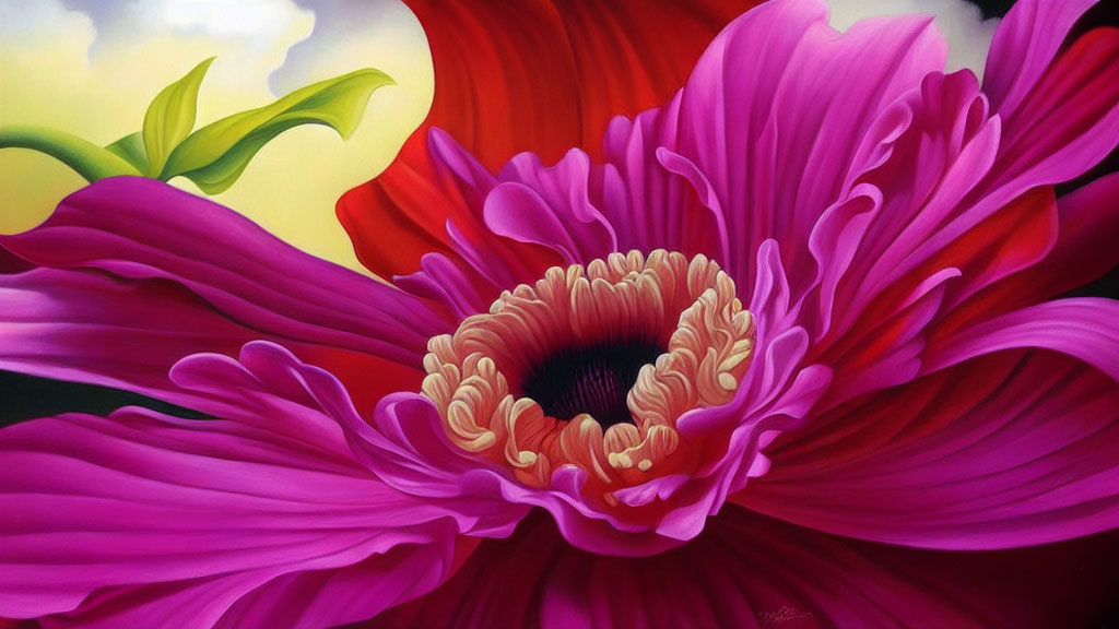 Detailed Large Pink Flower Painting Against Soft Background with Green Leaves