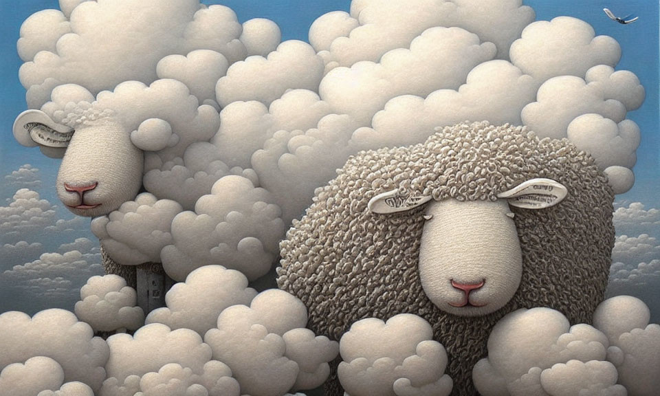Fluffy sheep with detailed wool in blue sky blend with clouds