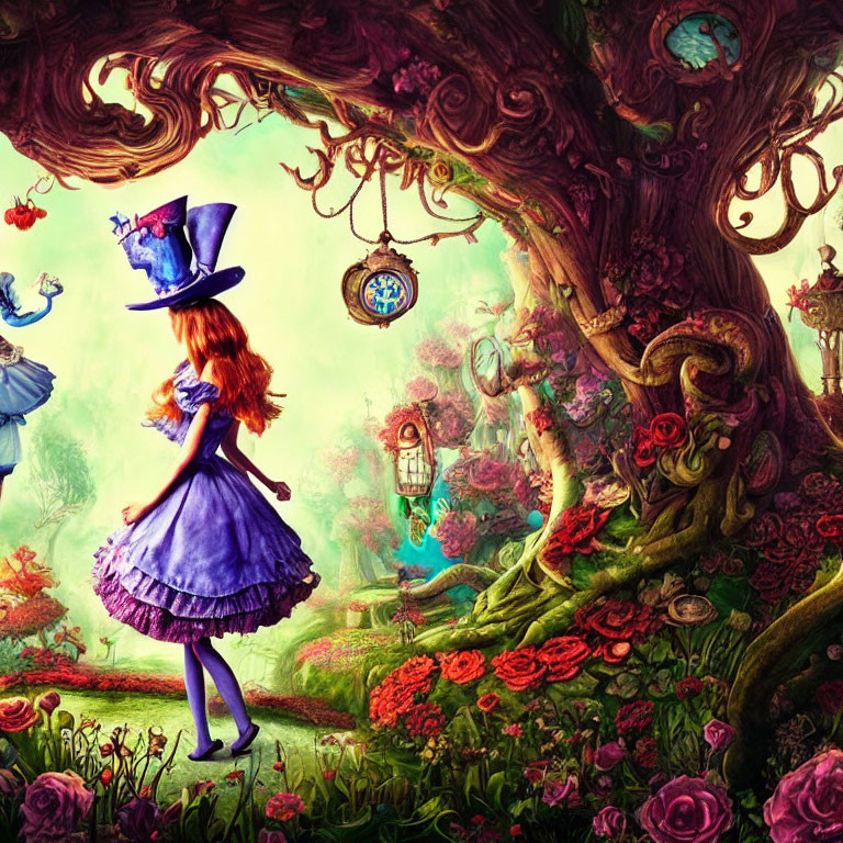 Enchanted forest with girl in blue dress and character in top hat