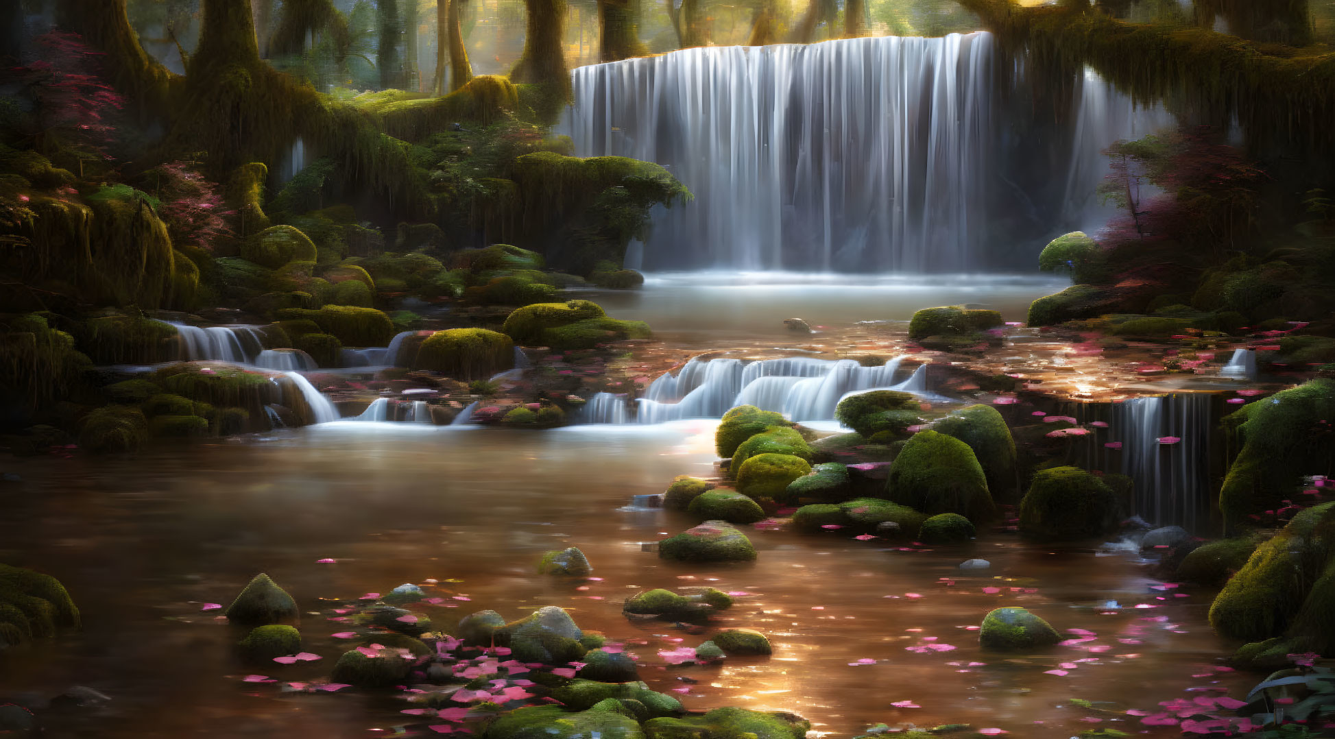 Tranquil forest pool with serene waterfall and pink petals