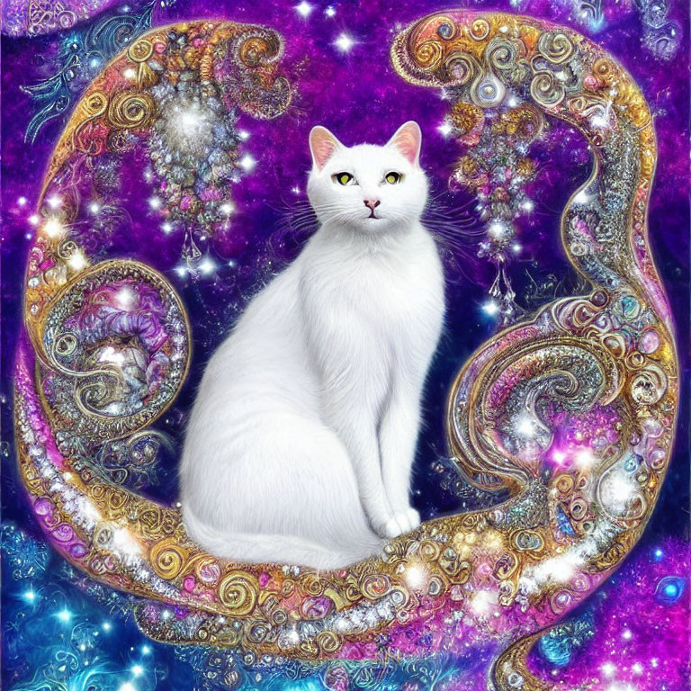 White Cat in Celestial Background with Swirling Patterns and Stars