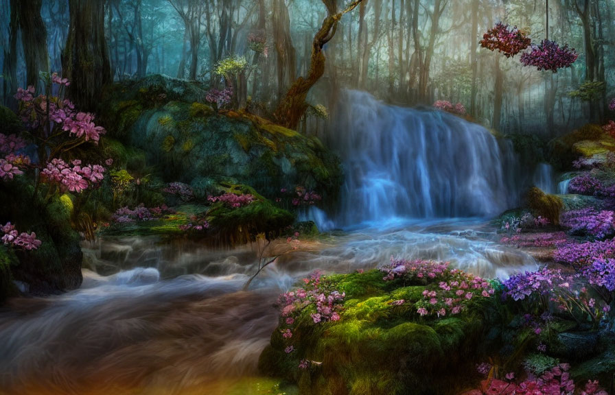 Fantasy forest scene with pink flowers, waterfall, and mystical fog