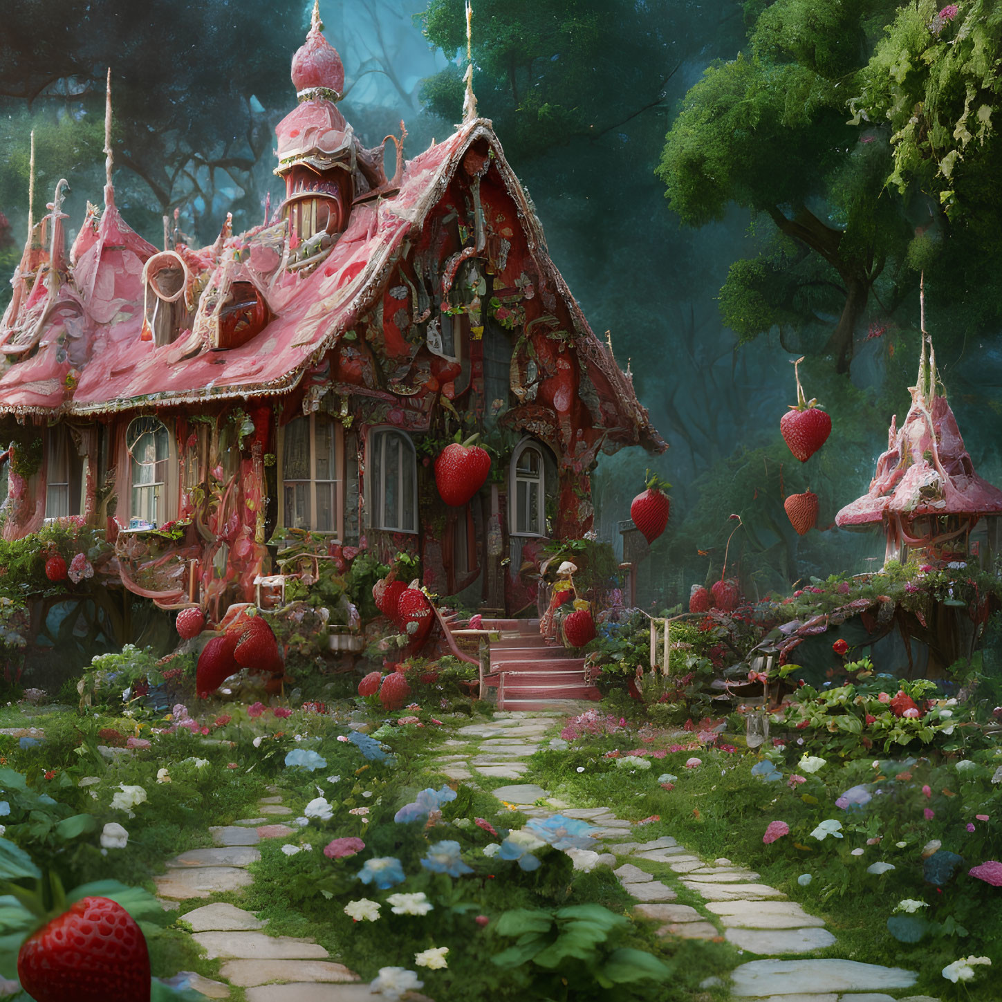 Enchanted forest cottage with strawberry motifs and lush surroundings