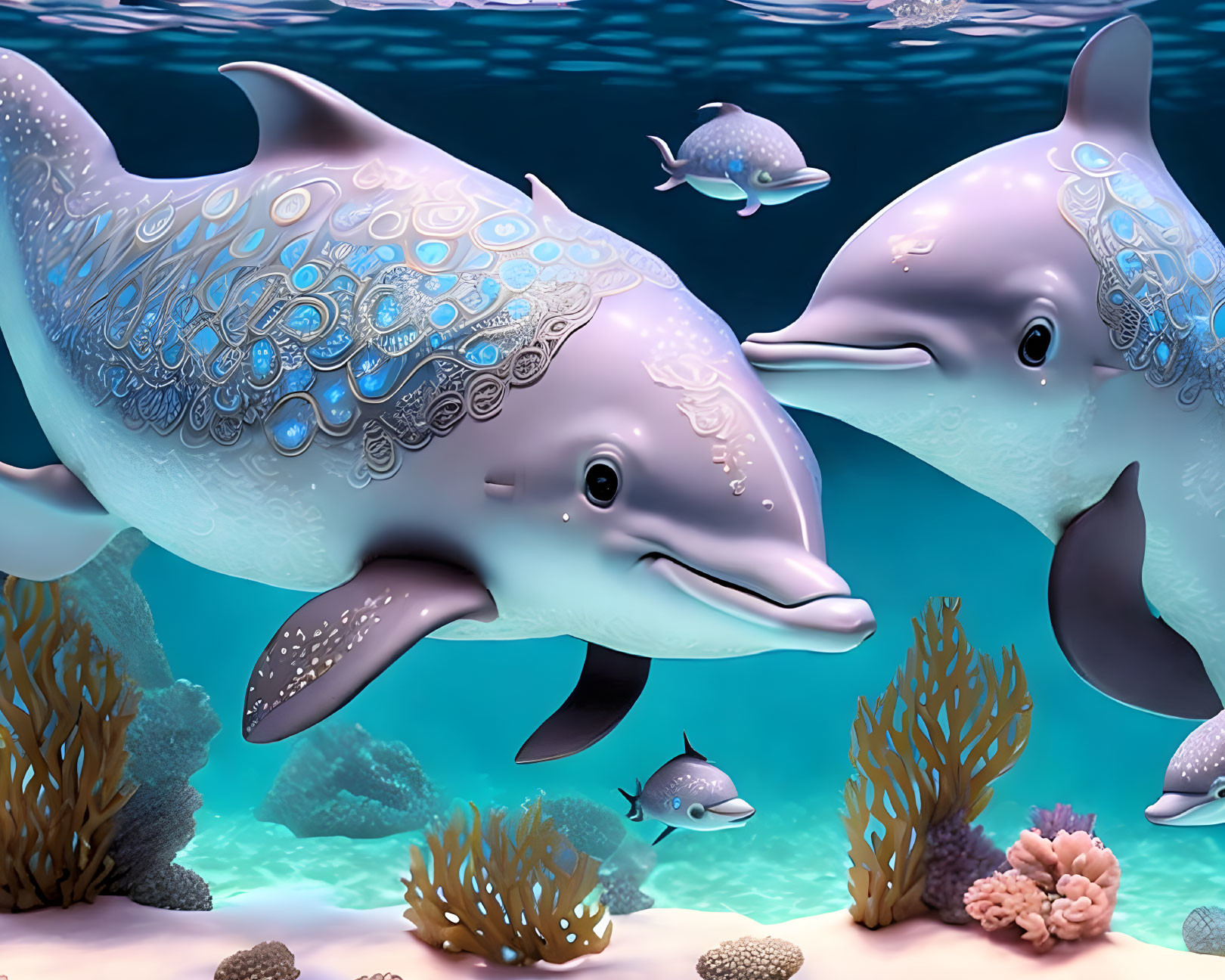Stylized Dolphins Among Coral Reefs in Vibrant Underwater Scene