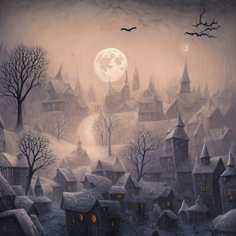 Foggy town under full moon with bats and illuminated windows