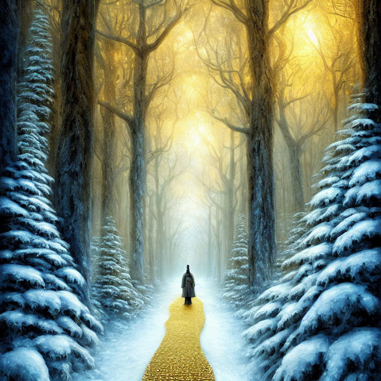 Person walking on golden path in mystical snowy forest with towering trees