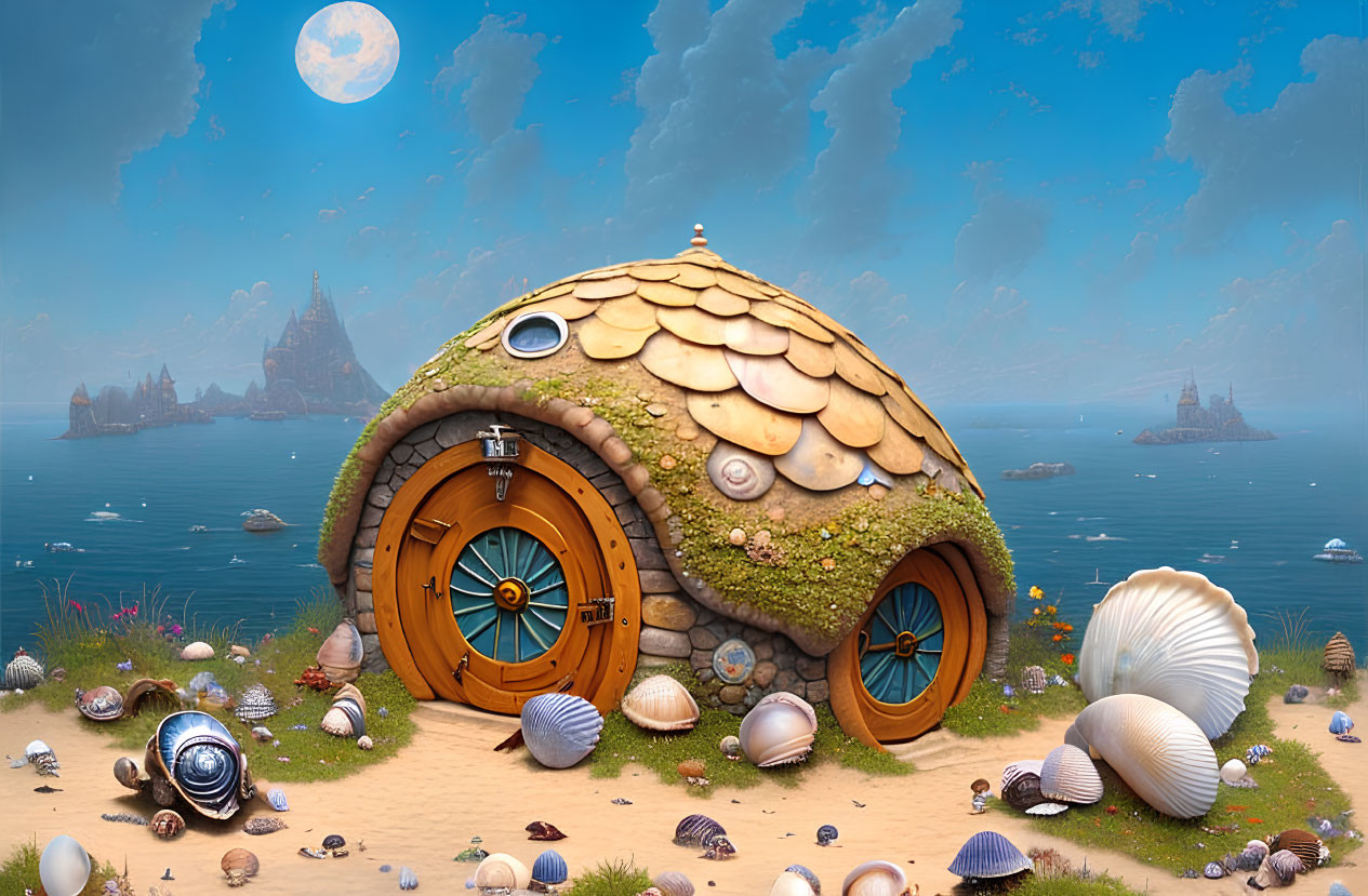 Whimsical shell-shaped house in fantasy seaside scene