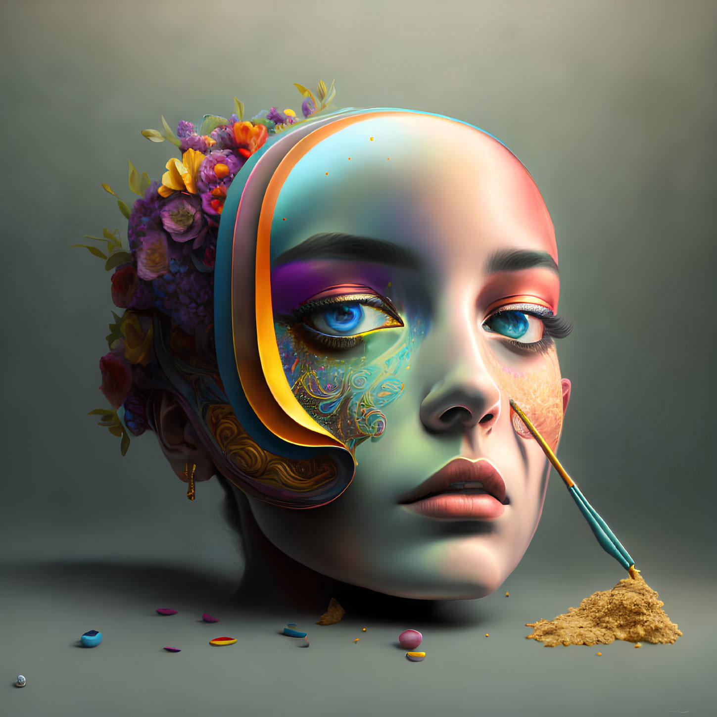 Colorful surreal portrait of a woman with painted face and flowers.