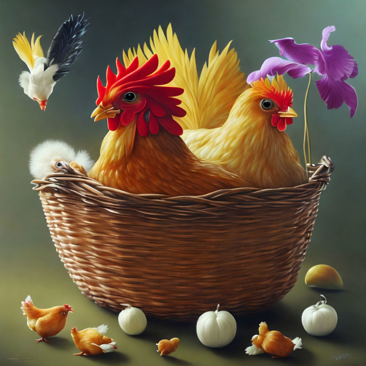 Colorful painting of chickens, chicks, eggs, and butterflies in wicker basket