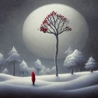 Person in red coat in snowy landscape under pale moon with red orb above