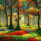 Colorful forest with oversized leaves and moss-covered ground landscape.