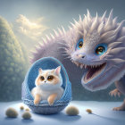 Fluffy cat and curious dragon in whimsical forest scene
