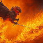 Fiery phoenix with sword in blazing flames