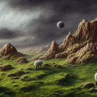 Surreal landscape with sheep, floating rocks, and stormy clouds