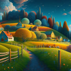 Colorful countryside landscape with whimsical trees, houses, hills, and sky.