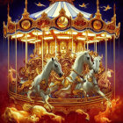 Golden carousel with ornate details and white horses under starry night sky