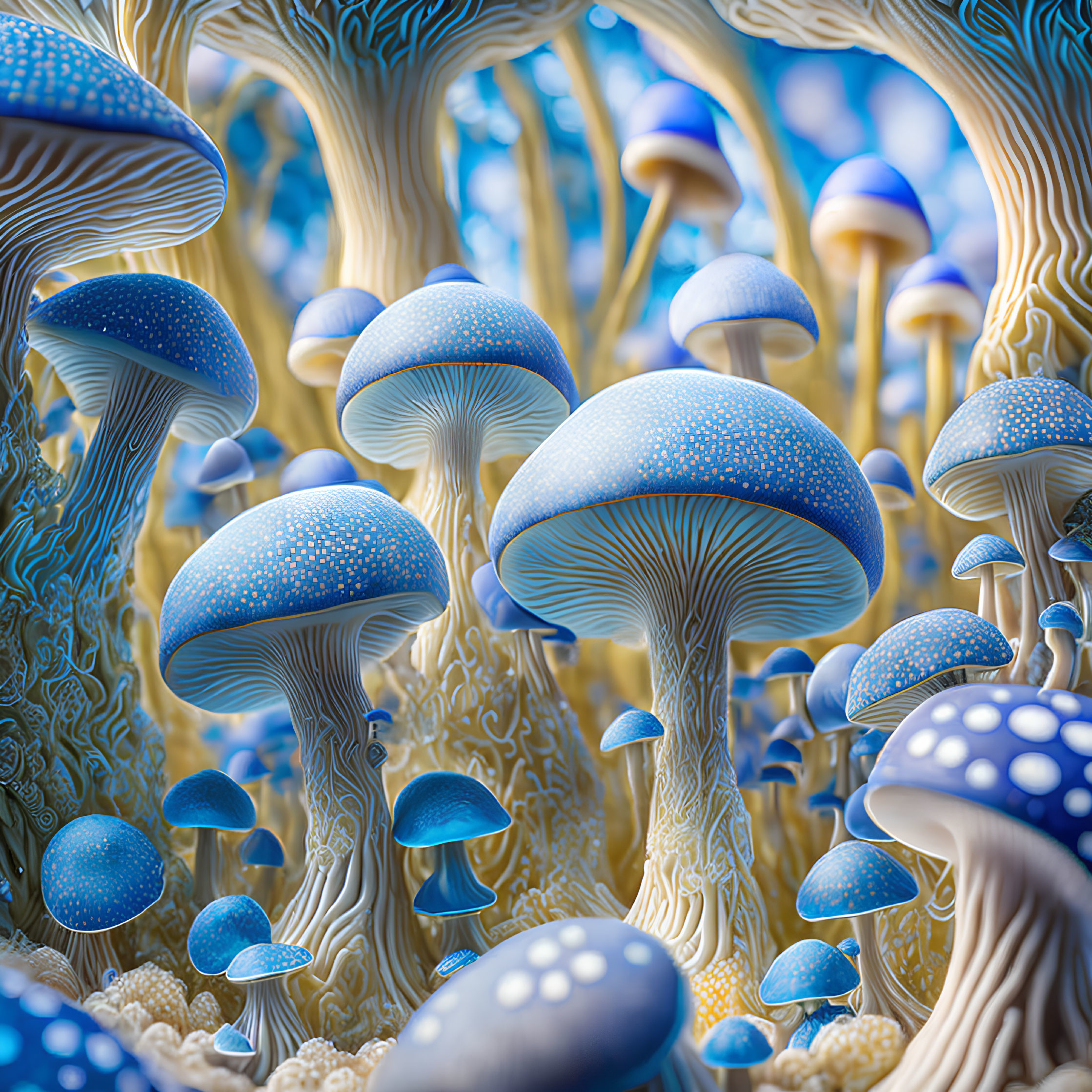 Fantastical forest of blue and white mushrooms in digital art