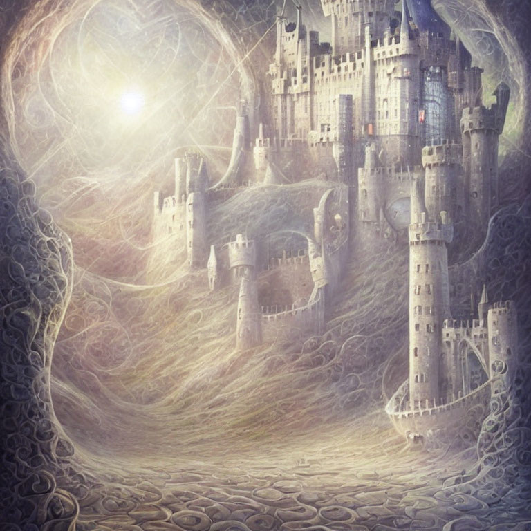 Mystical castle with multiple towers in dreamlike landscape