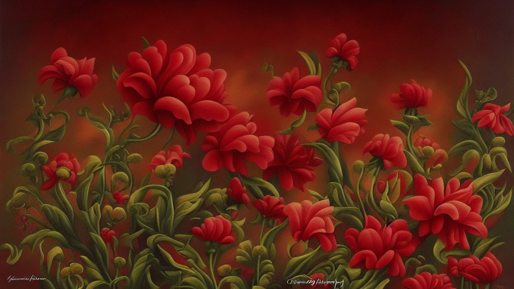 Realistic red flower painting on moody background