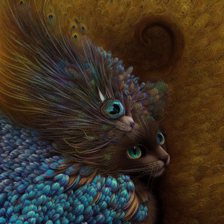 Fantasy illustration of cat with peacock feather fur in vibrant blue and gold hues