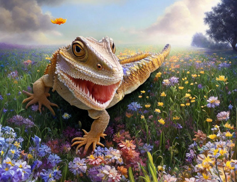 Colorful bearded dragon lizard in vibrant, surreal meadow