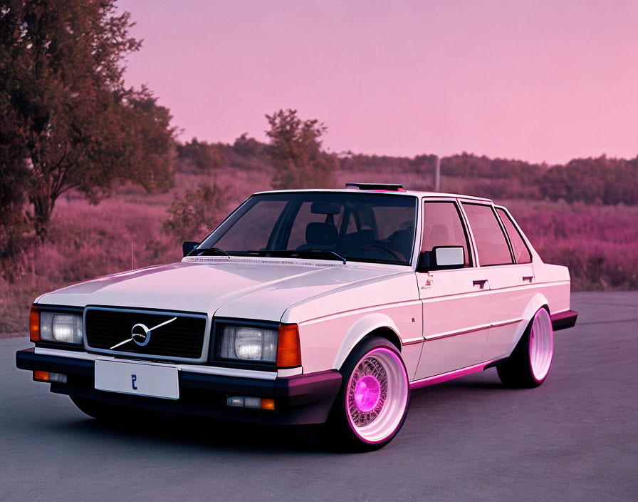 Classic White Volvo Station Wagon with Pink Wheels at Dusk