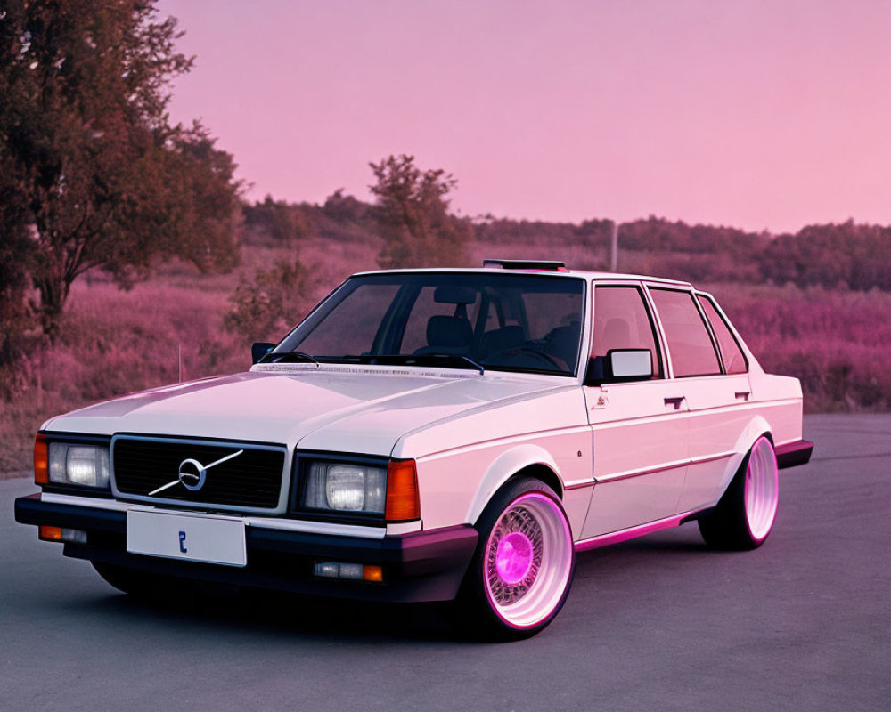 Classic White Volvo Station Wagon with Pink Wheels at Dusk