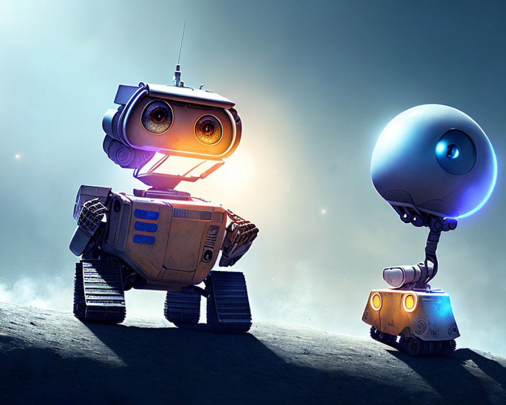 Cartoon robots with expressive eyes on misty background