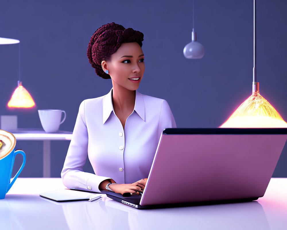 Professional woman with updo works on laptop in modern office